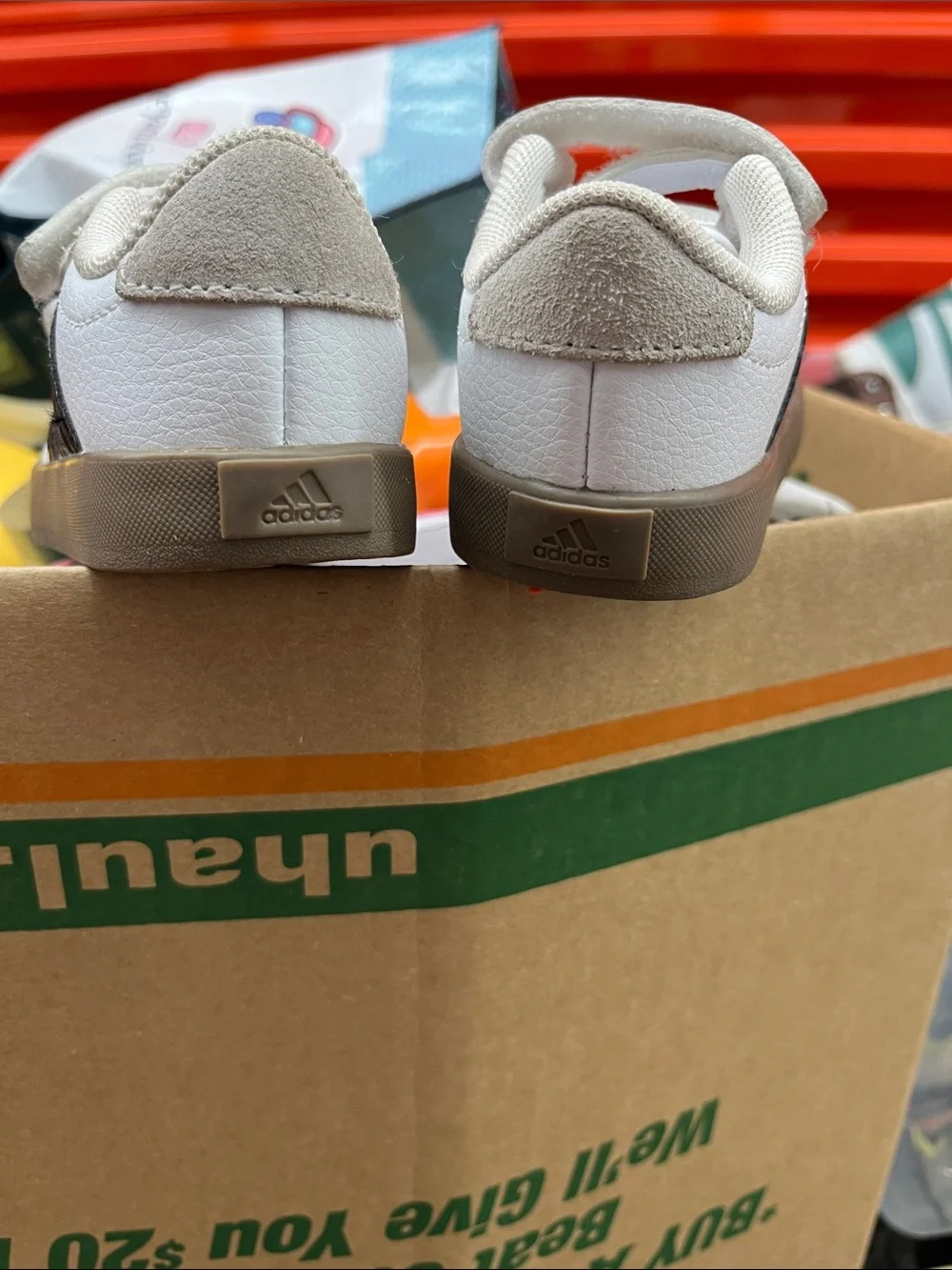 adidas Kids White and Beige Velcro Sneakers with Brown Outsole